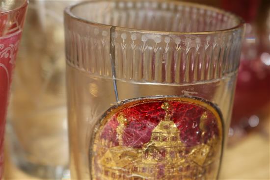 A Zwischengalt glass beaker, three ruby flashes spa beakers, four Bohemian glasses etc